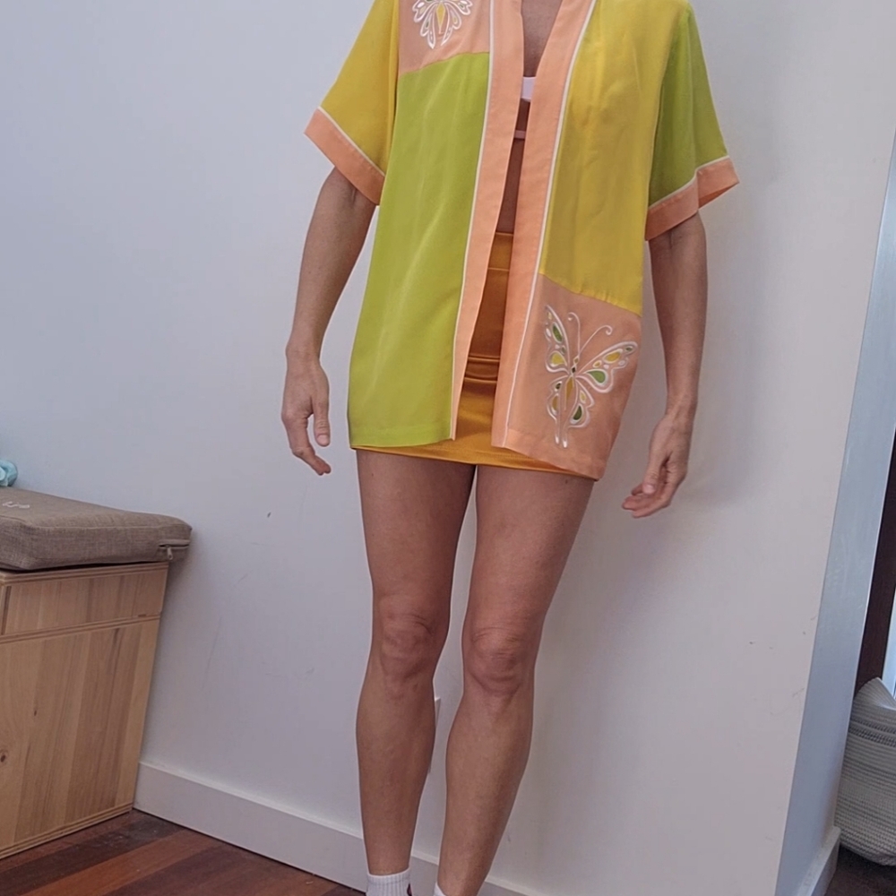 Bob Mackie Zendaya favorite peach lime butterfly 100% silk festival blouse top s - Picture 6 of 7